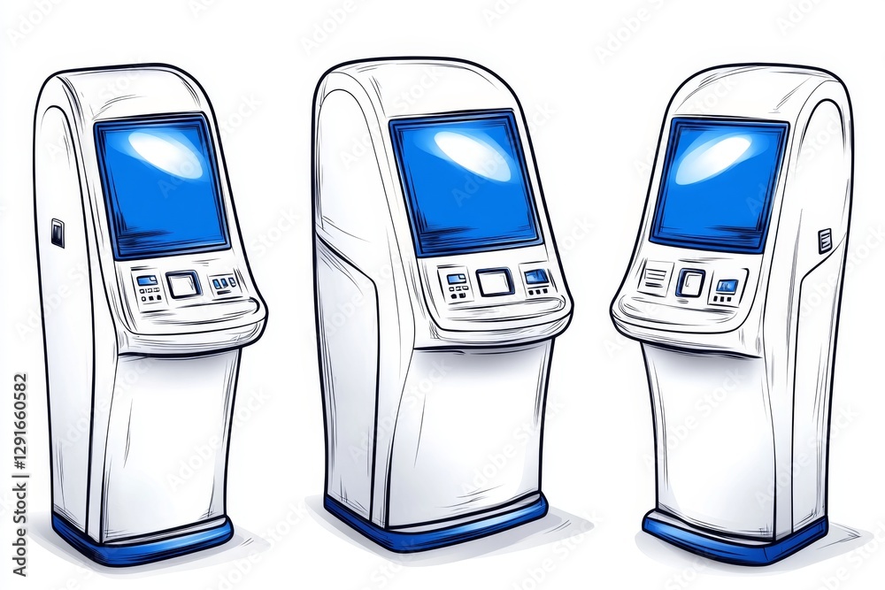 Poster A simple line drawing of an unshaded face recognition kiosk with four different angles and three display options: one displaying the person's photo on the screen, another showing their name