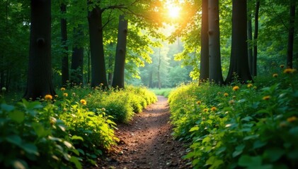 Obraz premium Sun-dappled forest trail, winding through lush greenery, wood, mossy, sunlight
