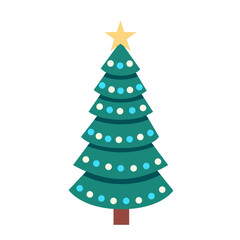 Festive green Christmas tree with ornaments, lights and a golden star,  isolated on white background. Perfect for holiday cards, posters, gift wrapping and seasonal design. Flat, simple, modern
