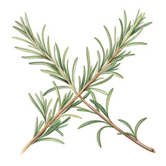 Fototapeta premium A sprig of rosemary with needle-like leaves and woody stems, positioned elegantly on an isolated white background, in a rustic botanical illustration style, with soft natural lighting to accentuate it