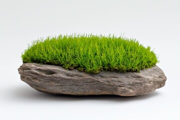 Fototapeta premium A simple, white background with an isolated piece of green moss on the right side. The grassy texture has multiple shades and is dense at its base but sparse above it. It's arranged in a natural