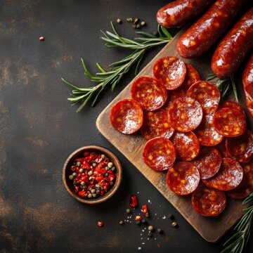 Spicy pepperoni sausage paprika meal background with copy space