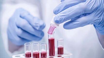 Fototapeta premium Scientist conducts blood sample testing in a laboratory environment