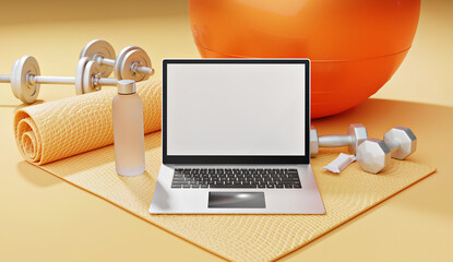 Laptop with fitness equipment including yoga mat, dumbbells, barbell, and water bottle on yellow background, 3D rendered illustration