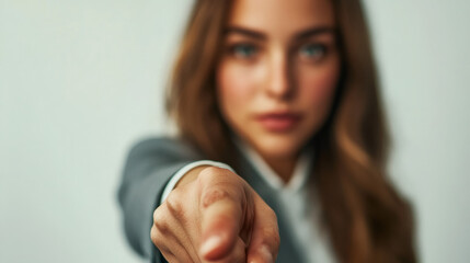 Professional businesswoman pointing finger decisively, displaying confident demeanor while standing in modern corporate workspace