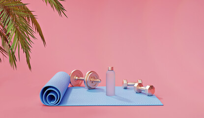 Fitness equipment - yoga mat, dumbbells, and water bottle on pink background with tropical leaves, 3D rendered illustration