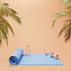 Fitness equipment - yoga mat, dumbbells, and water bottle on orange background with tropical leaves, 3D rendered illustration