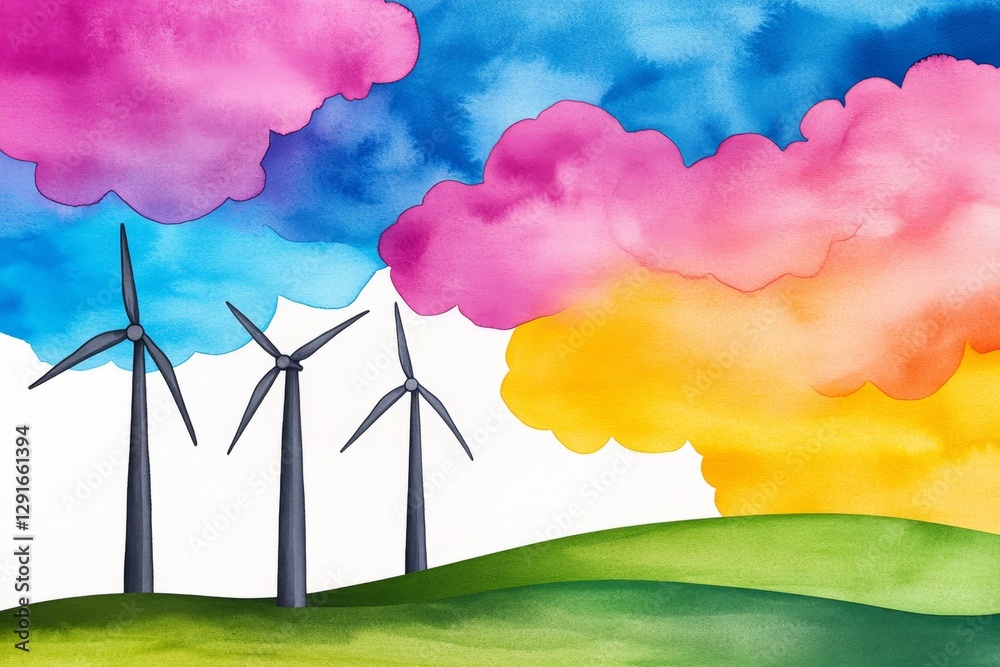 Poster a watercolor painting of wind turbines in the vast landscape, with colorful clouds and sky in the ba