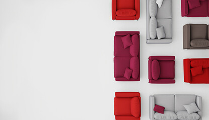 Minimalist top view of colorful sofas arranged in a geometric pattern, 3D rendered illustration