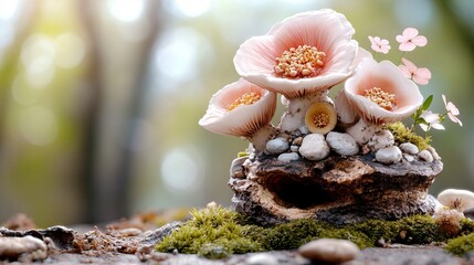 Beautiful Delicate Mushrooms Growing on a Log Surrounded by Tiny Flowers and Pebbles in Nature