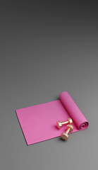 Pink fitness equipment set with yoga mat, exercise ball, dumbbells, and water bottle on gray background, 3D rendered illustration
