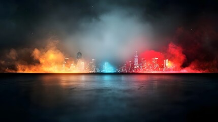 Obraz premium Minimalist dark futuristic cityscape with glowing neon lights on both sides in a style The scene features a dramatic skyline with illuminated skyscrapers reflecting in the water