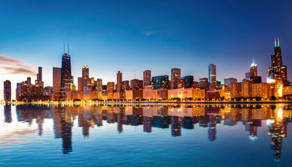 Obraz premium A stunning modern city skyline reflects beautifully on the calm waters during twilight.