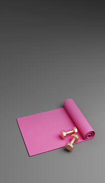 Pink fitness equipment set with yoga mat, exercise ball, dumbbells, and water bottle on gray background, 3D rendered illustration