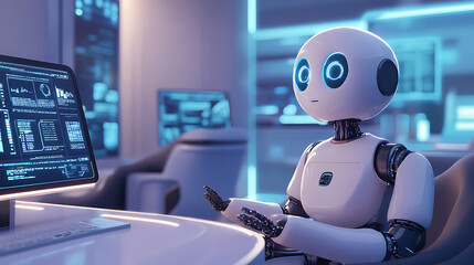 Fototapeta premium A realistic animation of an advanced business environment where robotic automation and AI-driven analytics streamline operations, with executives analyzing real-time data on floating digital 