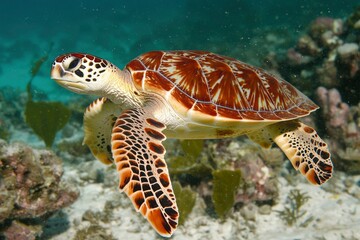 Obraz premium Sea turtle swimming coral reef underwater ocean wildlife