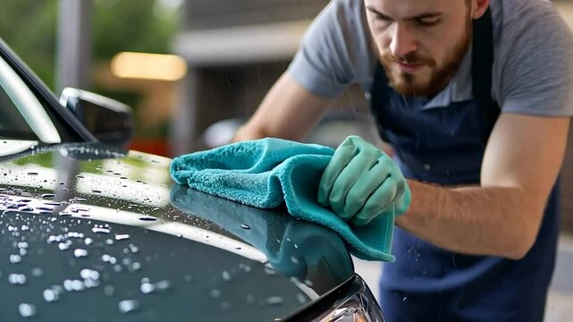 Man drying car hood with cloth outdoors
