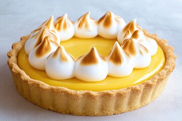 Lemon tart features smooth, vibrant filling topped with toasted