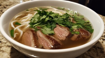 A bowl of pho, featuring beef broth, rice noodles, thinly sliced meat, and fresh herbs like cilantro and basil.