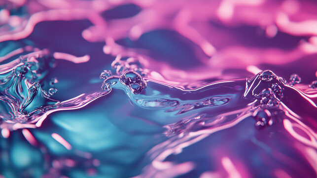 Glowing liquid surface, neon pink and cyan, reflections, bubbles, dramatic light，abstract background