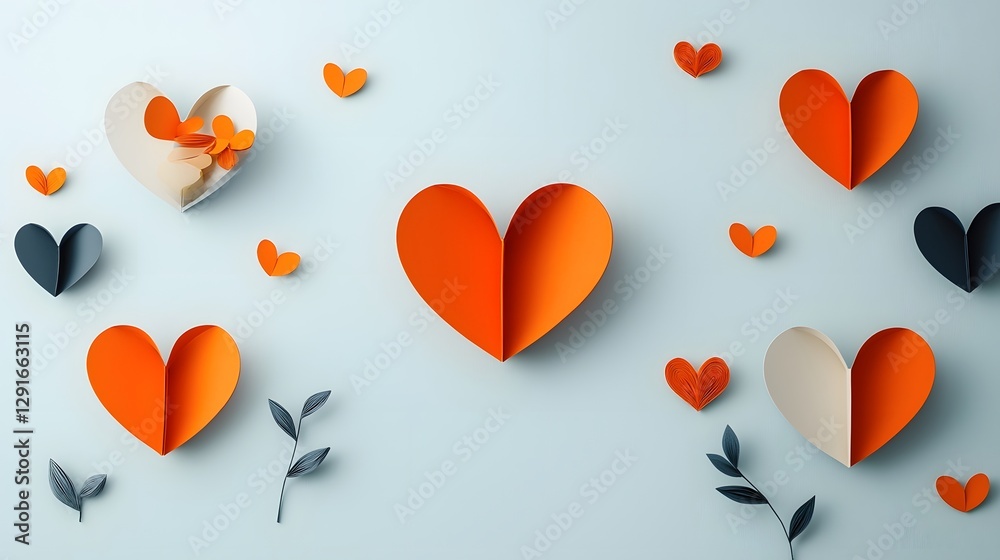 Poster minimalist paper cut heart shapes placed symmetrically in a balanced composition with soft shadows a