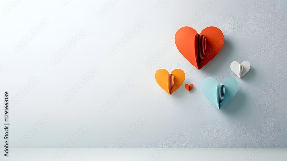 Poster minimalist paper cut heart shapes arranged symmetrically with soft shadows and open space in the cen