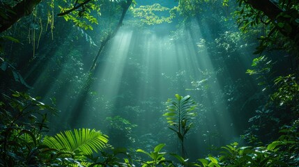 Sunlight streams through dense jungle canopy, illuminating lush greenery in tranquil forest scene