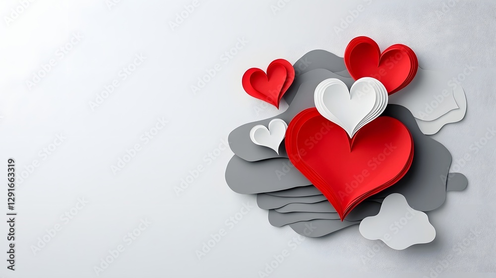 Poster minimalist red and gray paper cut heart shapes arranged in a symmetrical layered design with soft sh