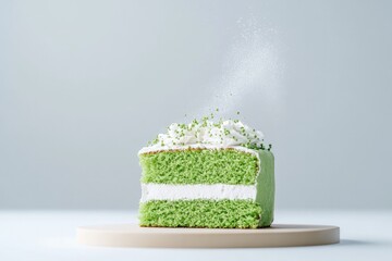 Delightful green cake slice on wooden plate, topped with fluffy