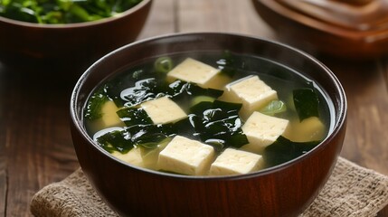 A bowl of miso soup: Describe the traditional Japanese soup with tofu, seaweed, and a rich miso broth.