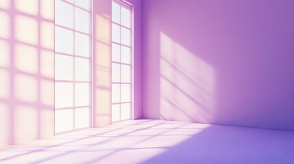 Bright room with purple walls and sunlight streaming through large windows, creating soft shadows on the floor in a tranquil atmosphere