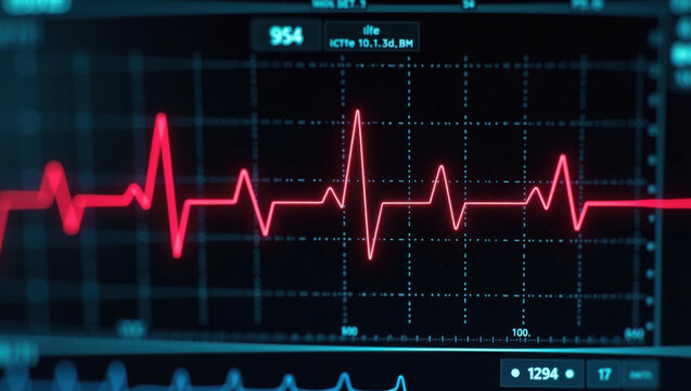 Heartbeat Cable, Red Neon, Black Background, ECG, Digital Display, High Tech, Medical - Powered by Adobe