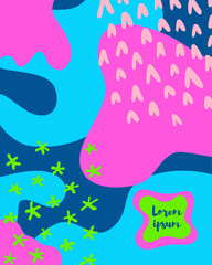 Illustration of a rectangular abstract background featuring various shapes and spots with a text placeholder. Templates for celebrations, ads, branding, banners, covers, labels, posters, sales. Vector