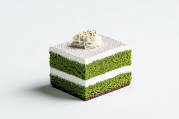 Layered cake with vibrant green and white sections, topped with