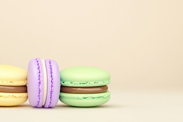 Colorful macarons arranged artistically on soft background highl
