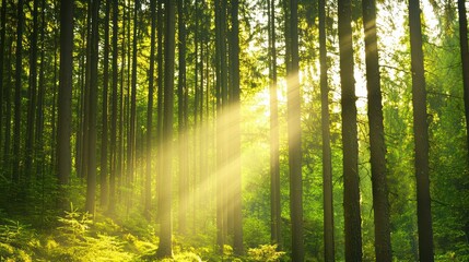 Fototapeta premium Sunlight Filtering Through Trees in a Peaceful Forest Setting