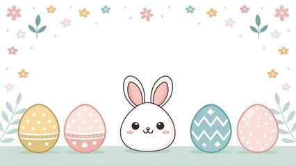 an adorable cartoon bunny surrounded by colorful Easter eggs with flower elements. Perfect for Easter celebration