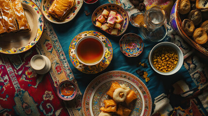 Persian table for Nowruz, with teacup with saffron tea and sweets like baklava, qottab, and pistachio nougat