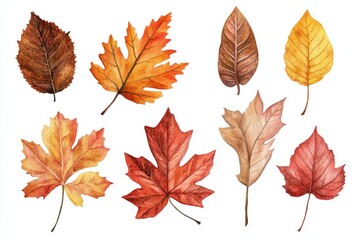 Fototapeta premium A set of watercolor autumn leaves in warm colors, various species, isolated