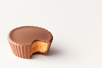 Smooth chocolate cup with bite revealing creamy filling inside,