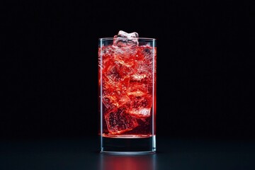 Red fizzy drink with ice in glass, dark background
