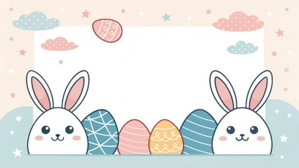 a whimsical Easter background with adorable cartoon bunnies, colorful eggs and decorative elements creating a festive scene. There is a blank space for text or graphics