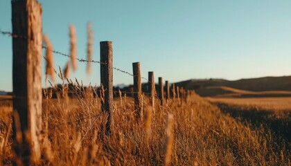 Obraz premium Rural fence at sunset, golden field background, landscape photography for travel brochures