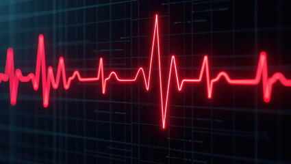 Neon Red ECG Lines, Illuminated, Dark Teal Background, Digital Display, Grid, Medical