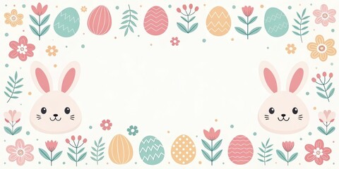 Easter-themed banner decorated with adorable bunnies, colorful eggs, and floral elements, a festive design. The design captures the essence of the holiday with its playful and inviting style.
