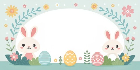 Easter-themed illustration with bunnies, eggs, and floral decorations, perfect for spring holidays