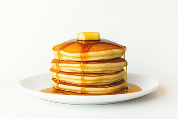 Fluffy pancakes stacked high, drizzled with golden syrup and top