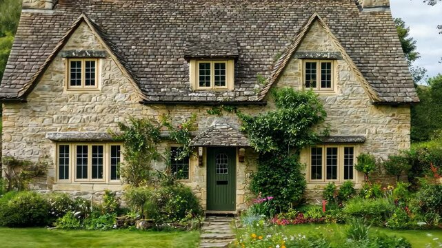 Traditional English cottage with lush garden and serene surroundings during a partly cloudy day, Exterior view of a traditional English cottage with contemporary built extension