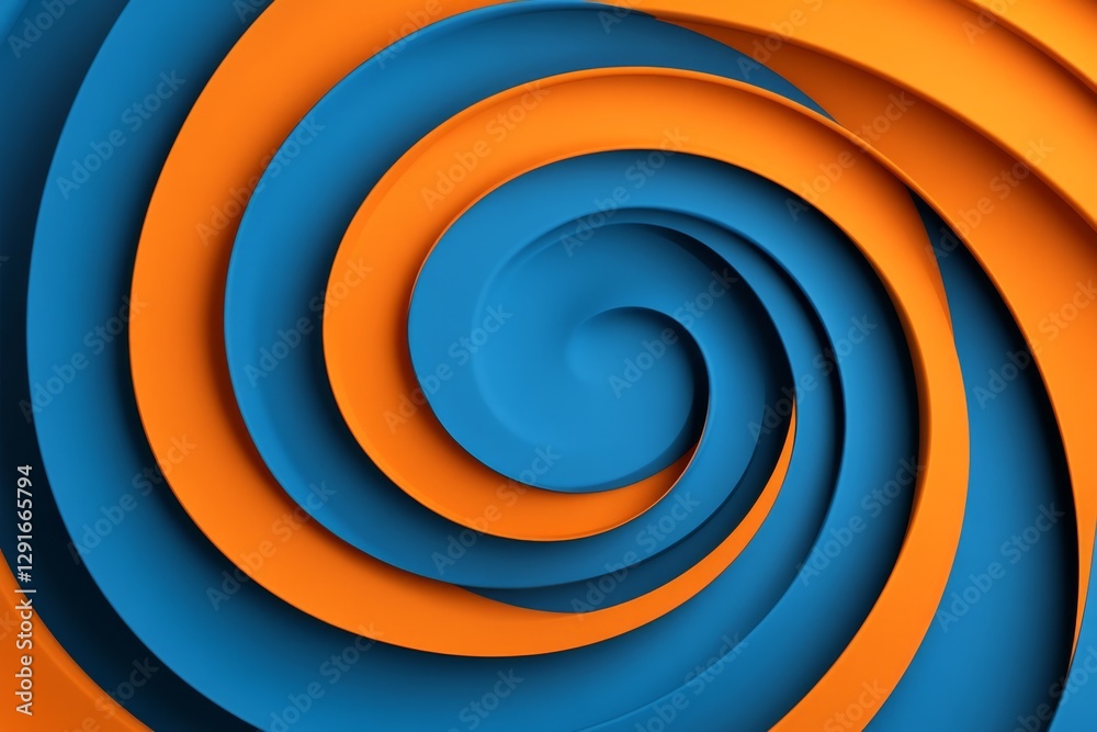Poster blue and orange spiral background with circular shapes, 3d rendering, abstract style, high resolutio