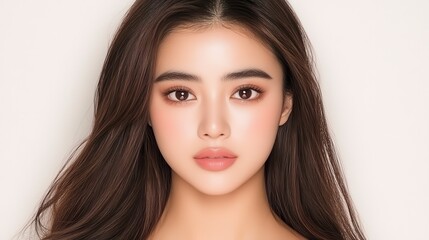 Fototapeta premium Close Up Portrait of Young Woman with Brown Wavy Hair and Neutral Makeup Against White Background
